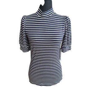 Draper James Shirt Women XS Blue White Stripe Mock Neck Short Sleeve NWT